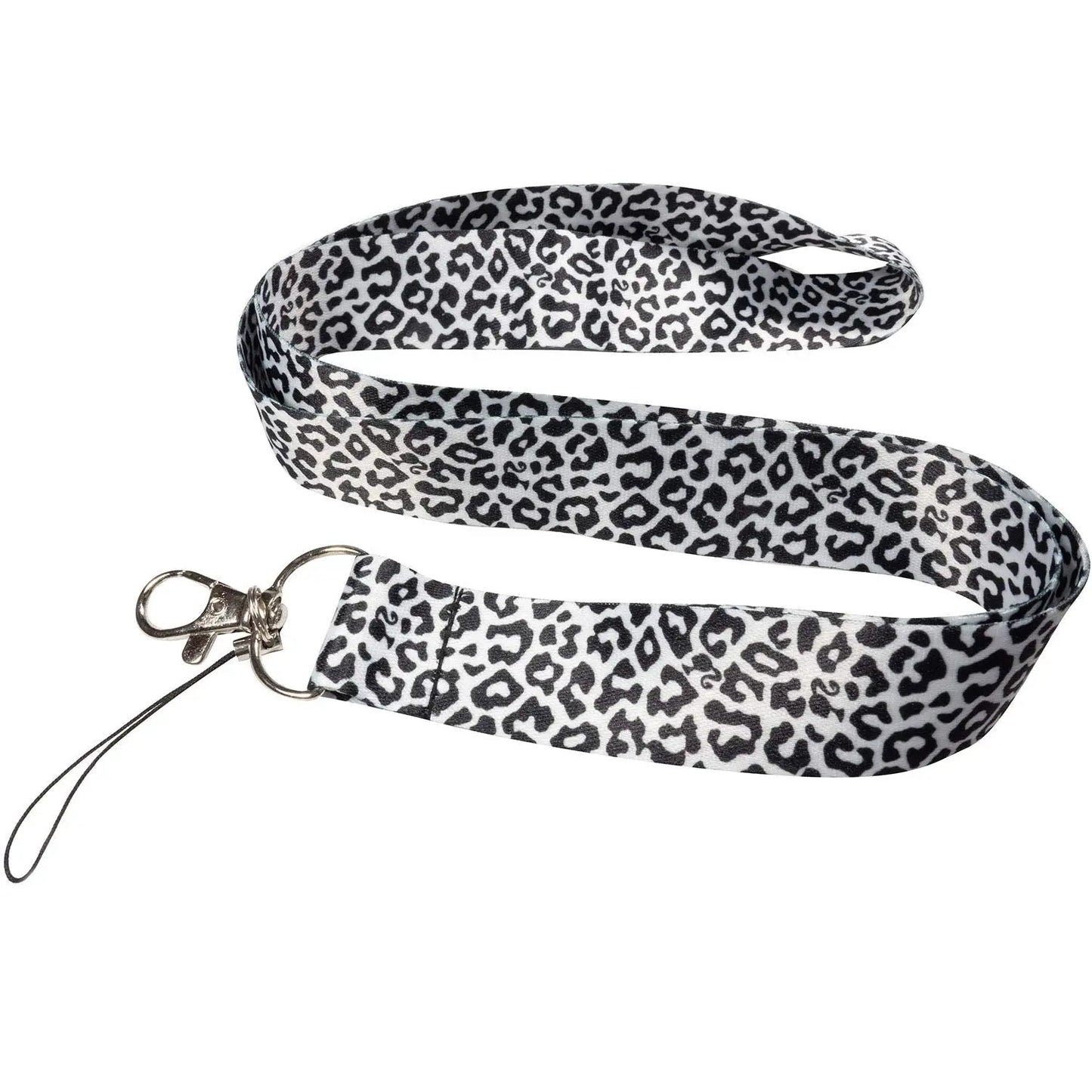 Leopard-print lanyard keychain holder with metal key ring and strap, black and white