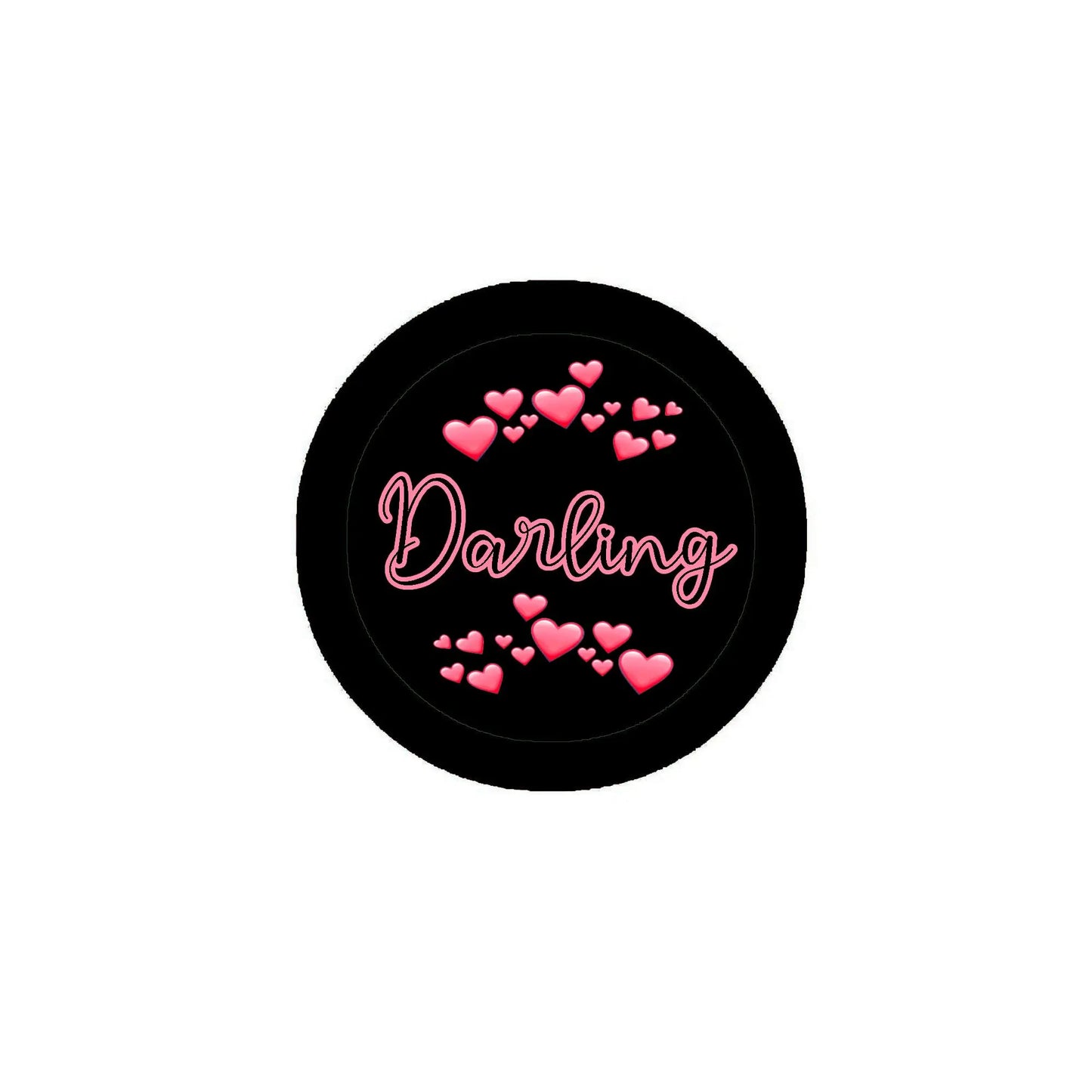Round black pin with pink hearts and “Darling” text