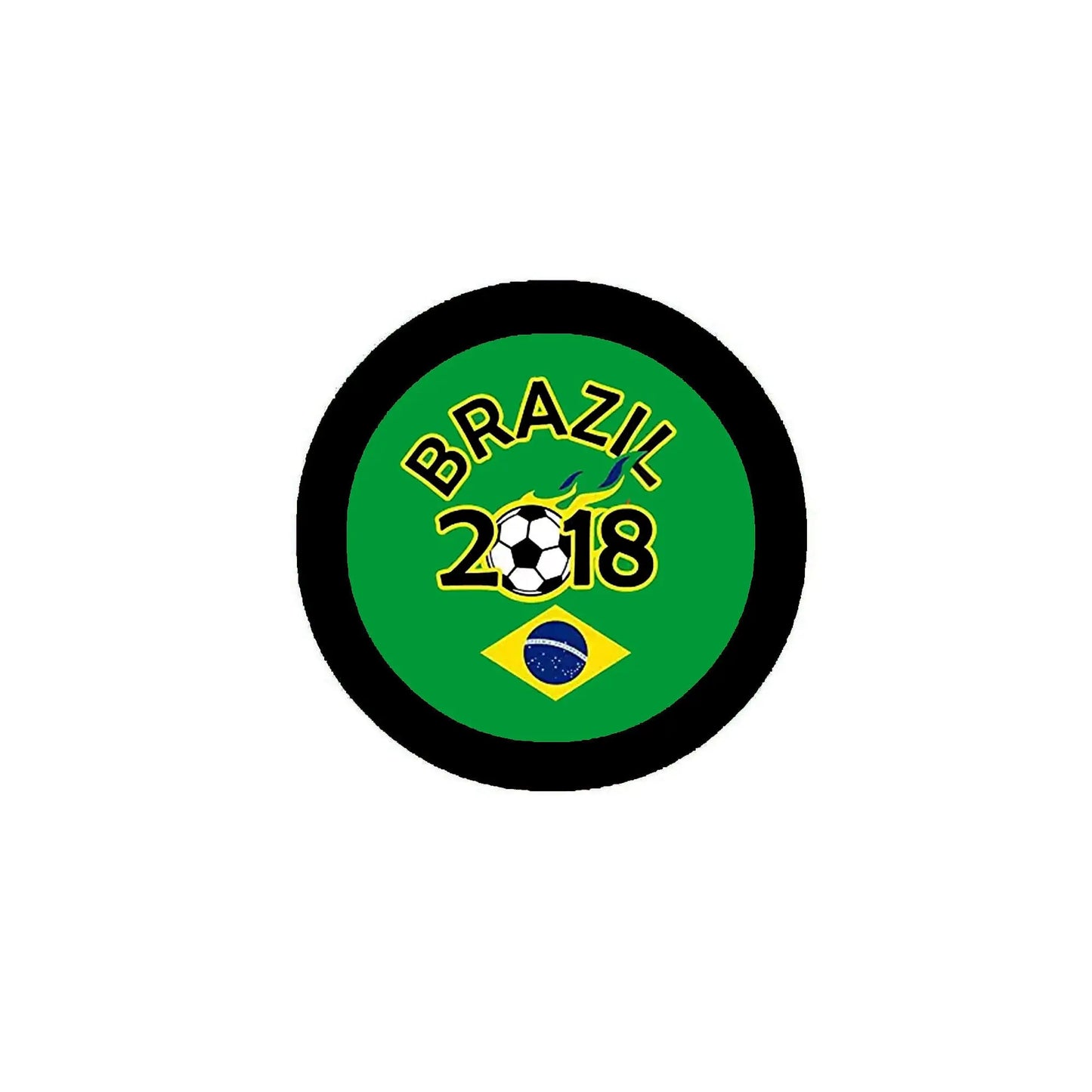 Brazil 2018 soccer pinback button, round black rim with green Brazil flag logo