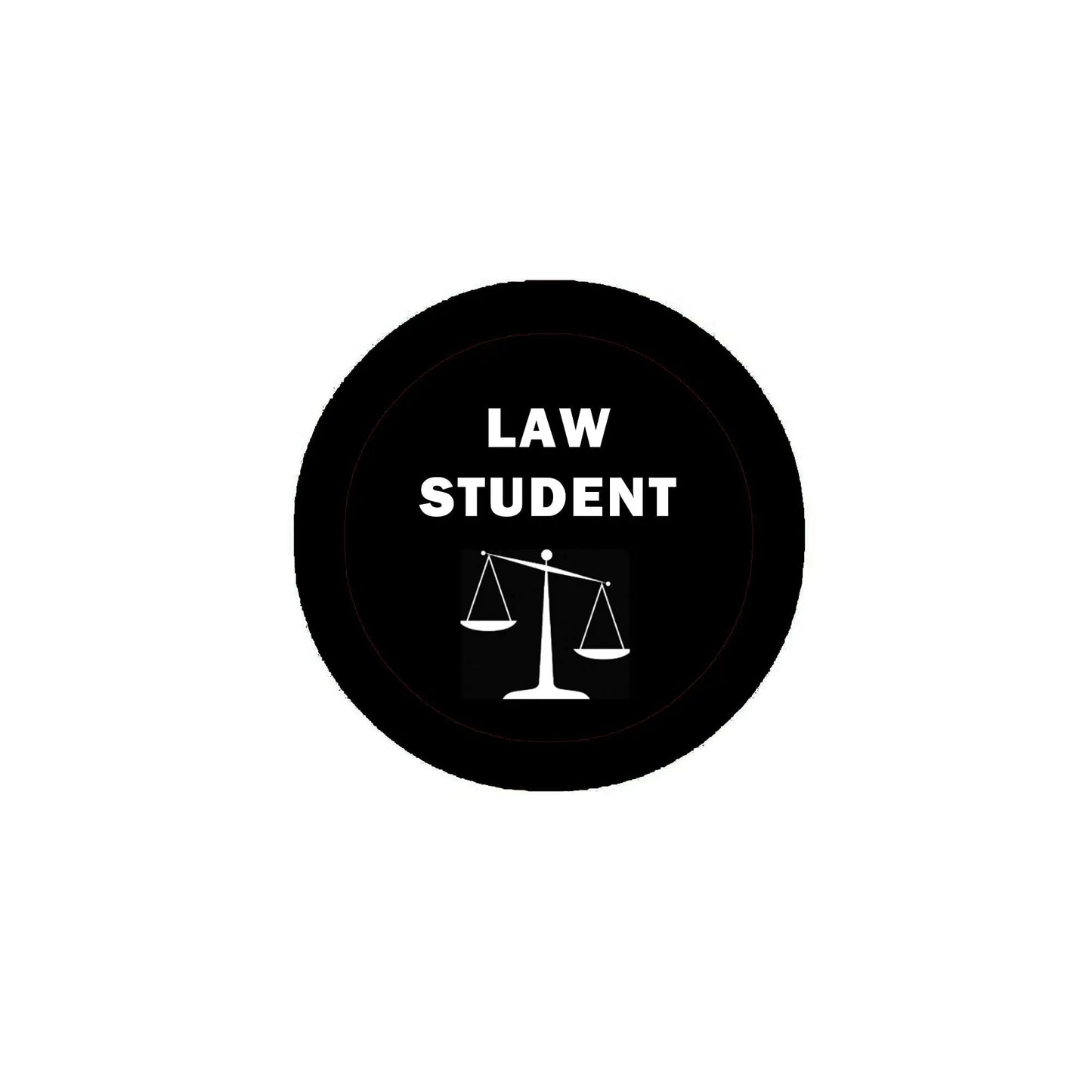 Law student pinback button, black round with white "LAW STUDENT" and scales icon