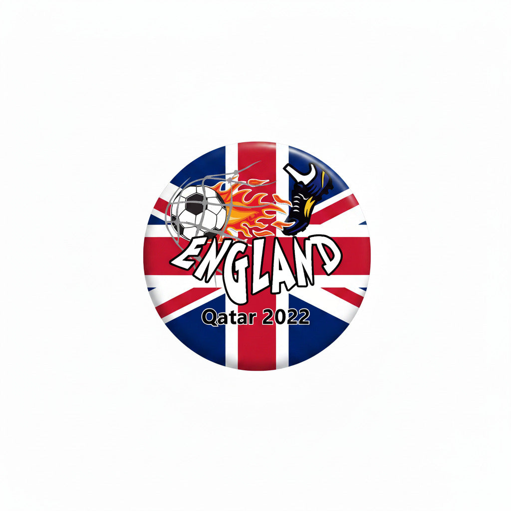 England Qatar 2022 soccer pinback button with lion crest and flame flag design