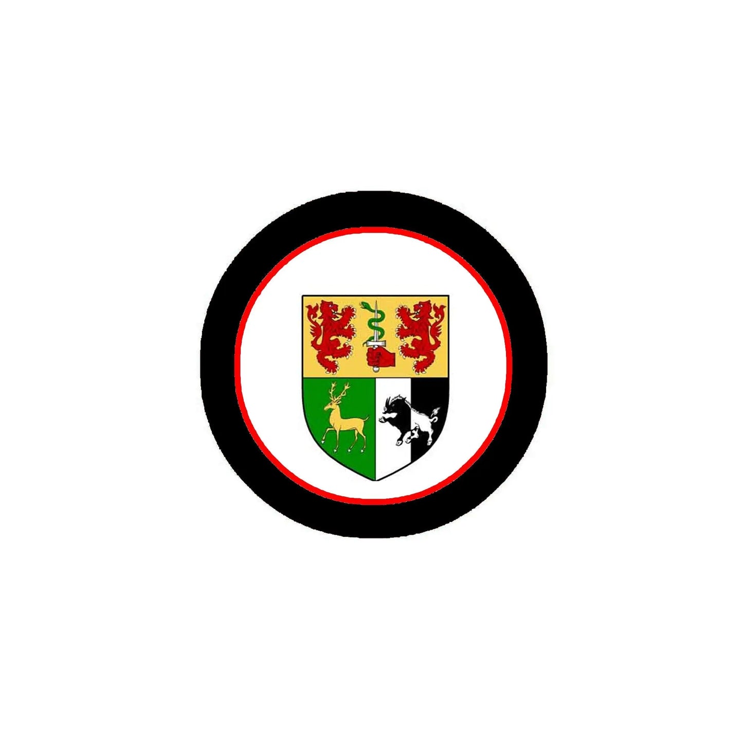 3-inch circular coat of arms magnet with black rim, red ring, and multi-color shield