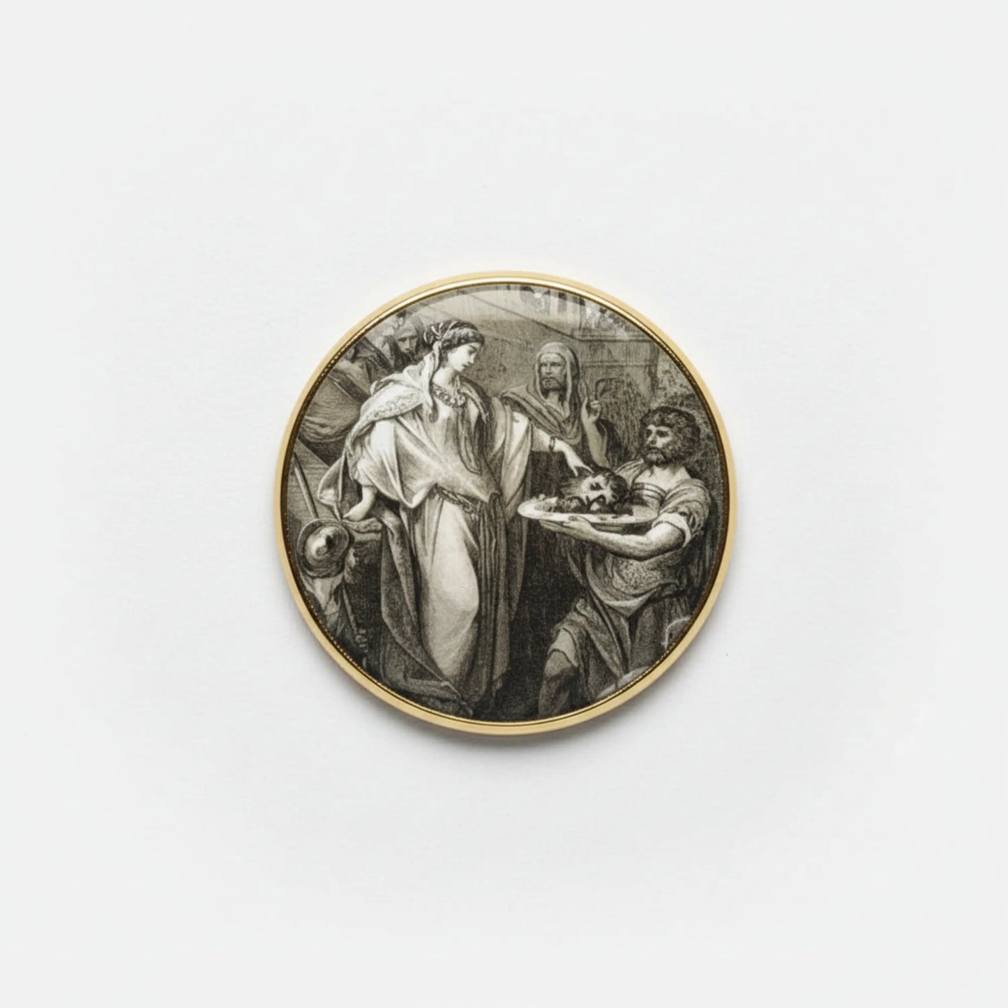 Religious keychain medallion with John the Baptist head on a platter, round gold rim