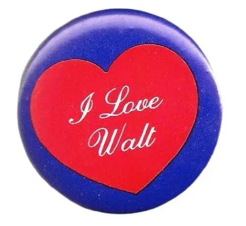 I Love Walt pinback button with red heart and white script lettering, blue rim