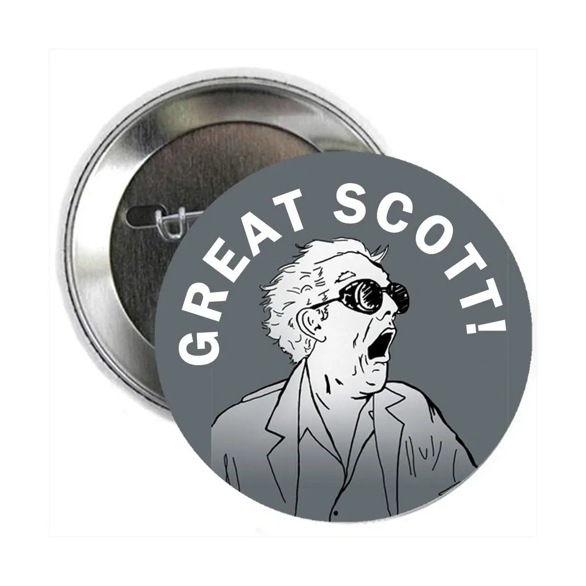 Round metal lapel pin with Great Scott text and profile graphic
