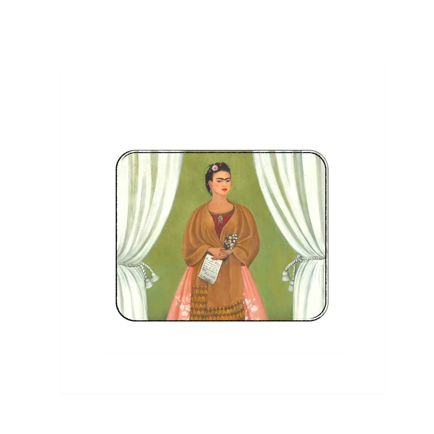 Rectangular mouse pad with rounded corners, illustrated portrait of a woman in a brown dress