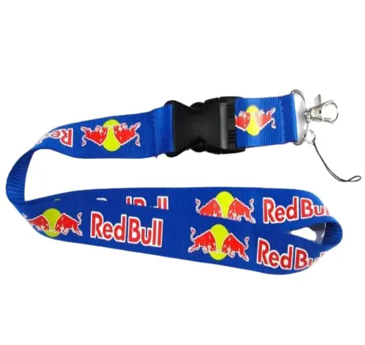 Blue Red Bull themed lanyard with swivel hook and phone string