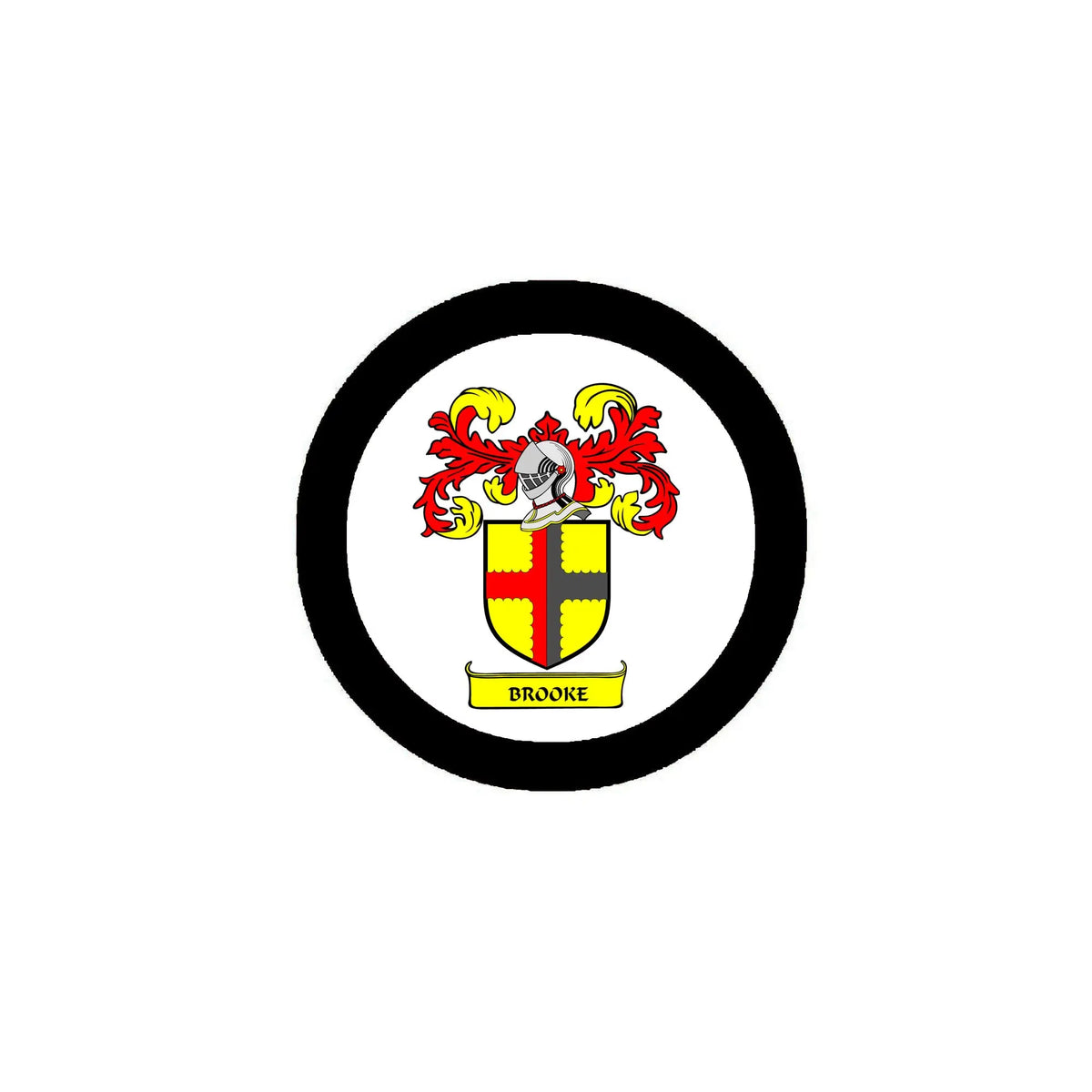 Brooke family crest arms magnet, 3-inch circular black bezel with colorful shield