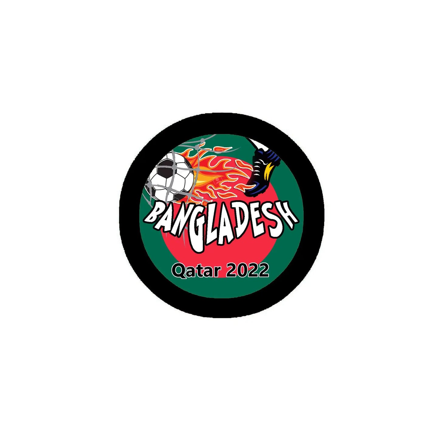 Round Bangladesh soccer pinback button with football logo and 'Qatar 2022' text.