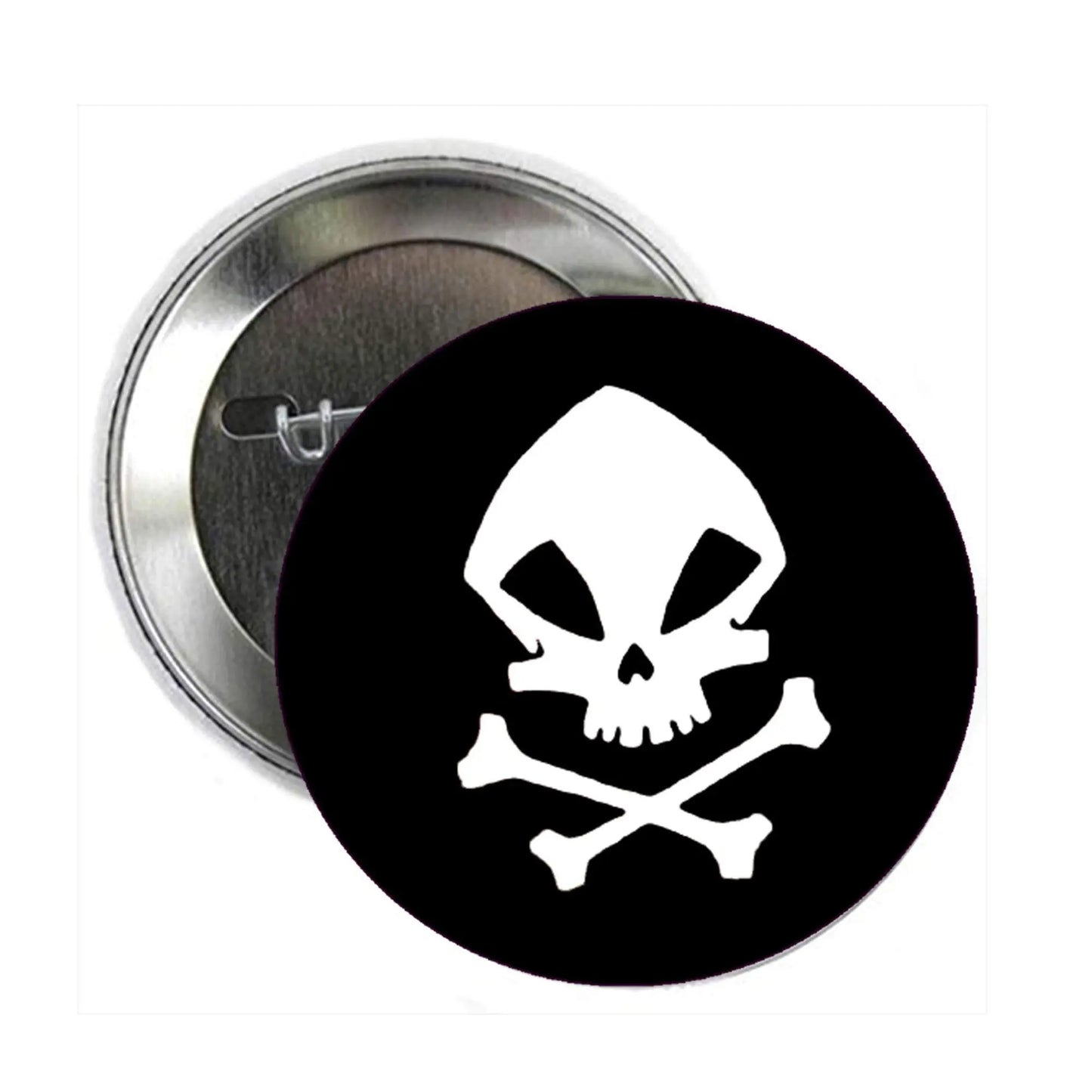 Skull pinback button with black-and-white skull crossbones graphic, silver backing