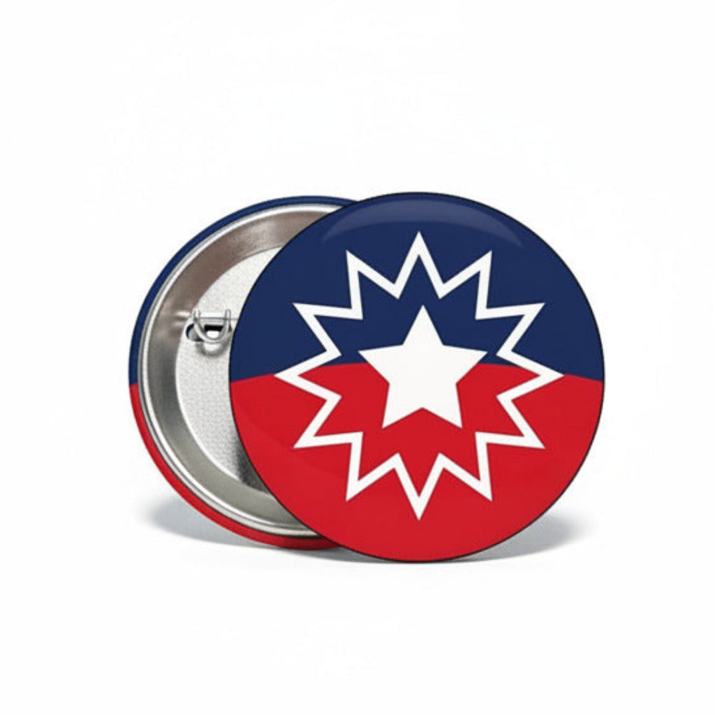 Round Juneteenth flag pinback button with blue starburst and red white star design