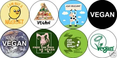 Set of 8 vegan pinback buttons, round enamel-style badges with assorted vegan slogans and icons