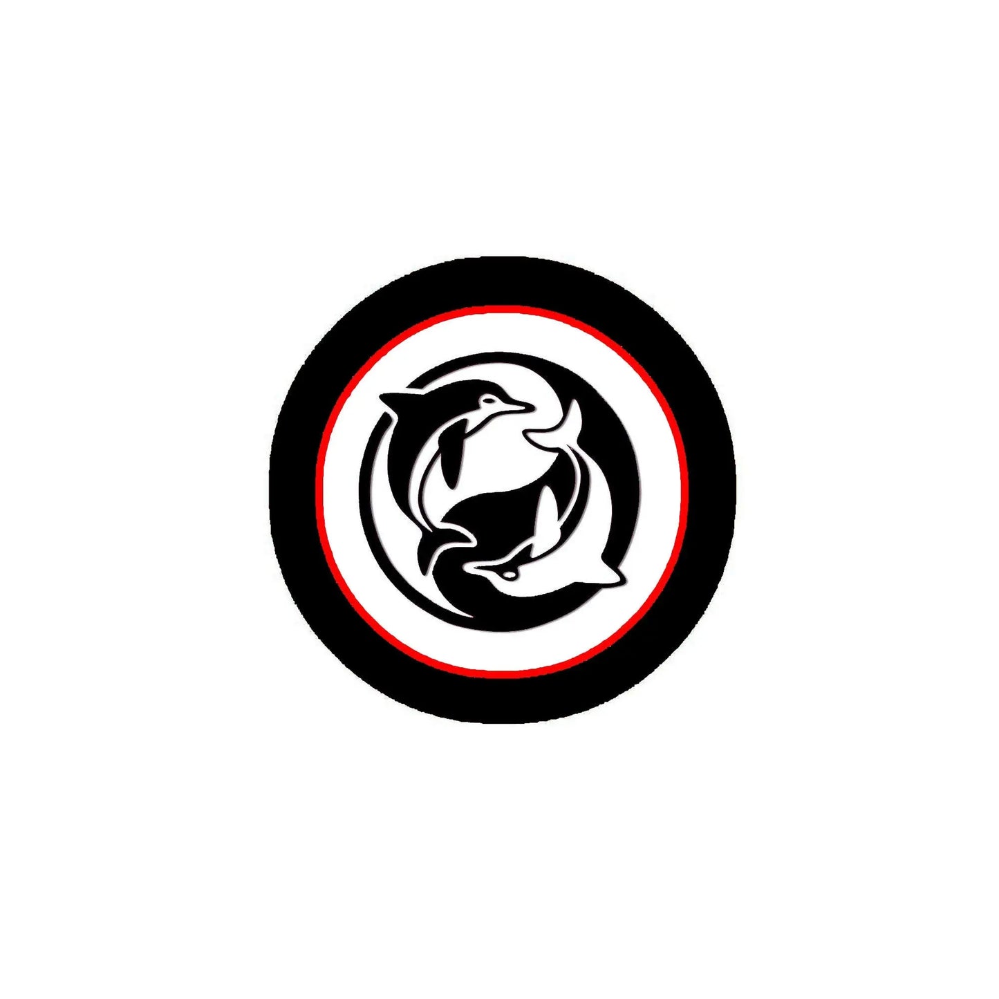 2.25-inch round magnet brooch with black border, red ring, yin-yang dolphin design