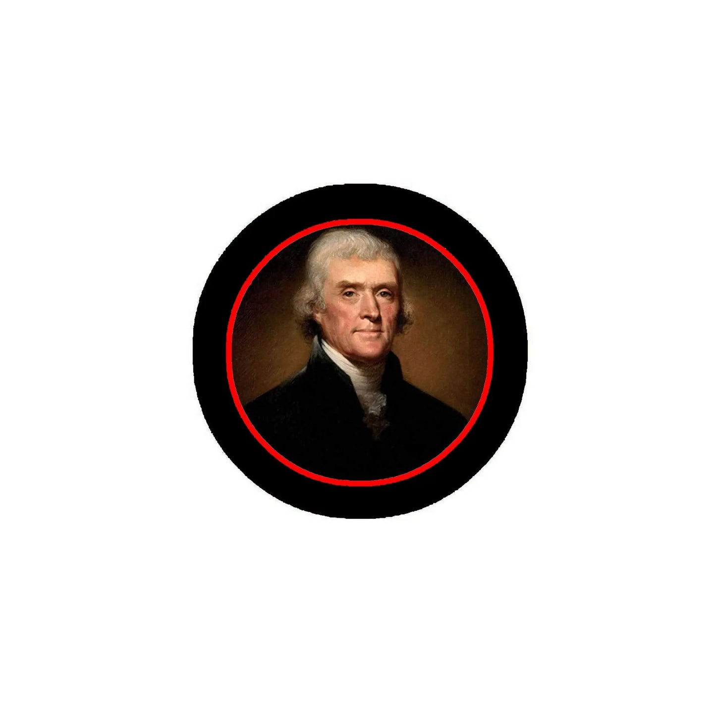 Thomas Jefferson portrait pinback badge with red border on black circular backing