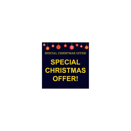 Special Christmas Offer promotional card with red ornaments and yellow text