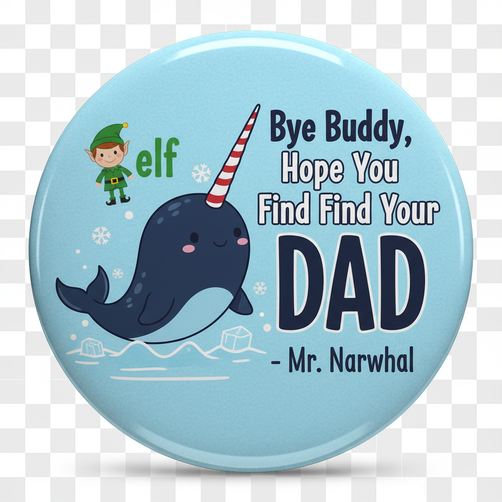 Light blue round pinback button with narwhal graphic and 'Bye Buddy' DAD text