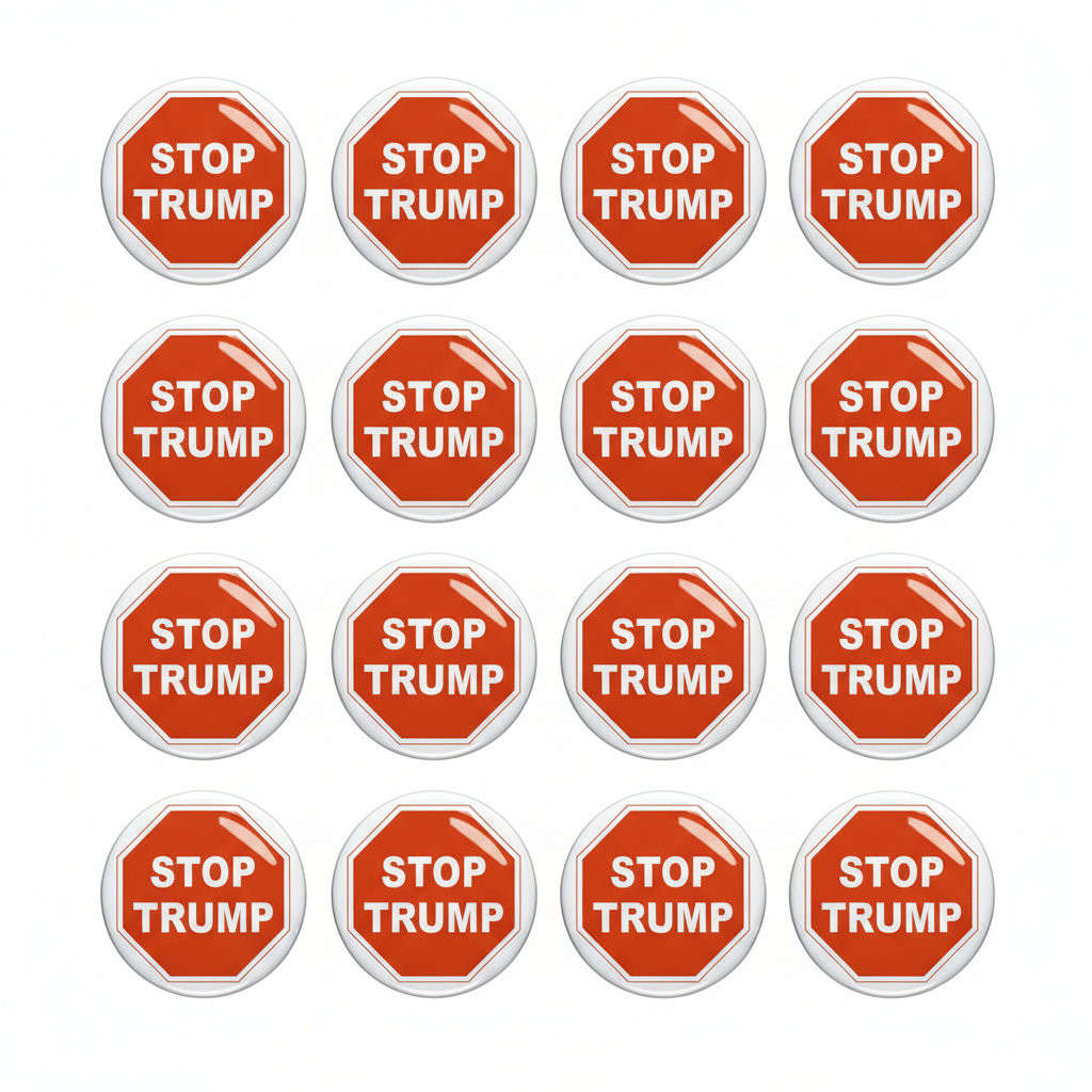 Set of 12 round orange Stop Trump pinback buttons with white STOP TRUMP text