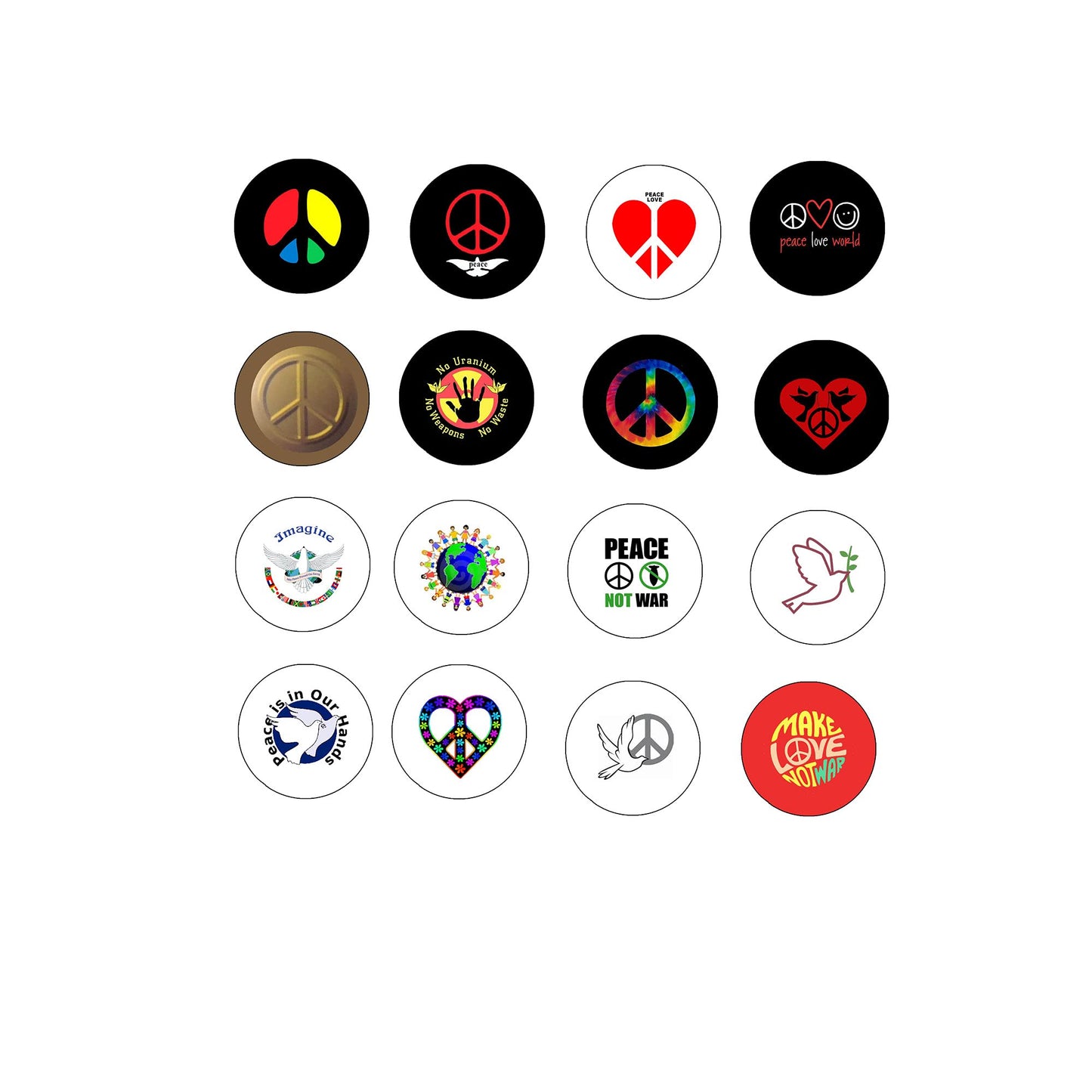 16 Pcs. Peace Love Symbols 1.25" Pinback for Jackets, Backpacks, etc. Awesome