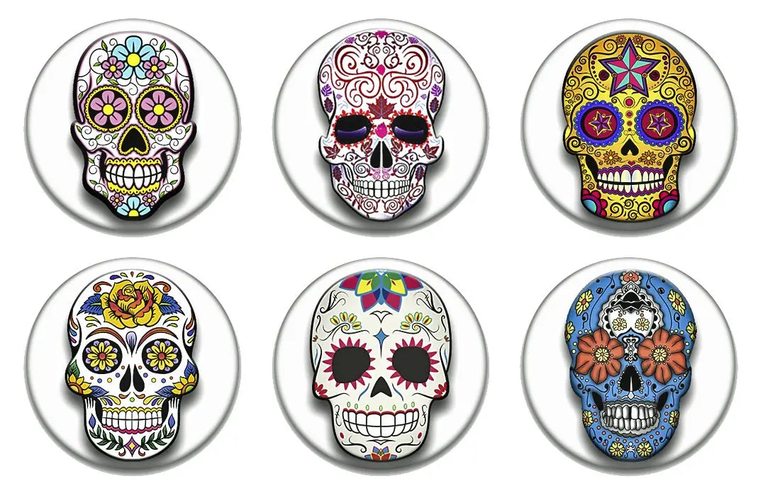 Set of 6 pinback button badges with colorful sugar skull faces in round frames