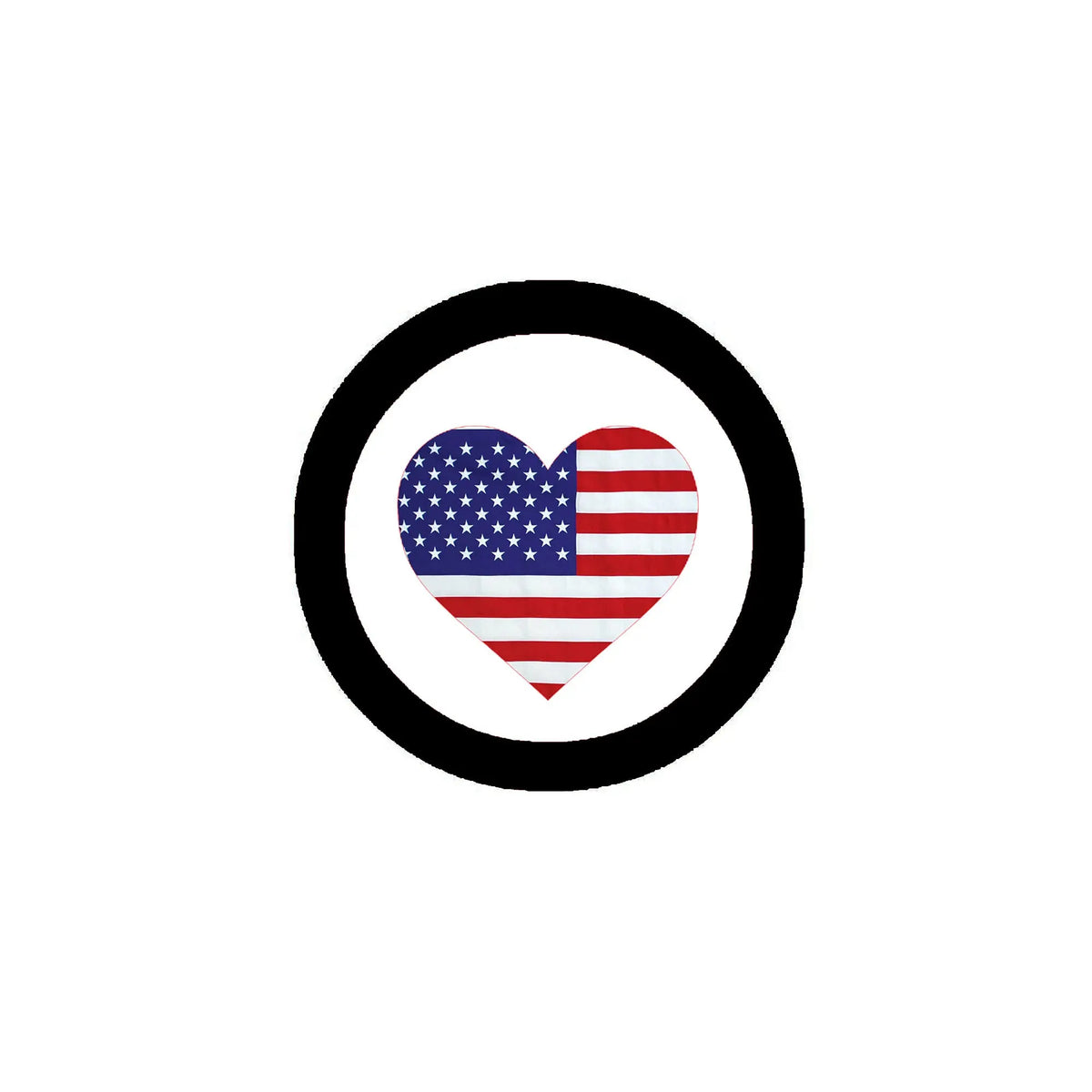 USA flag heart enamel pin with black circular border, 2.25-inch