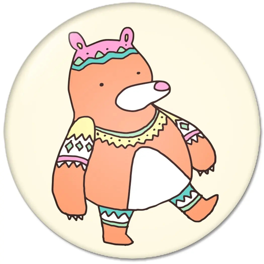 2.25 in bear pinback button with colorful clothing illustration