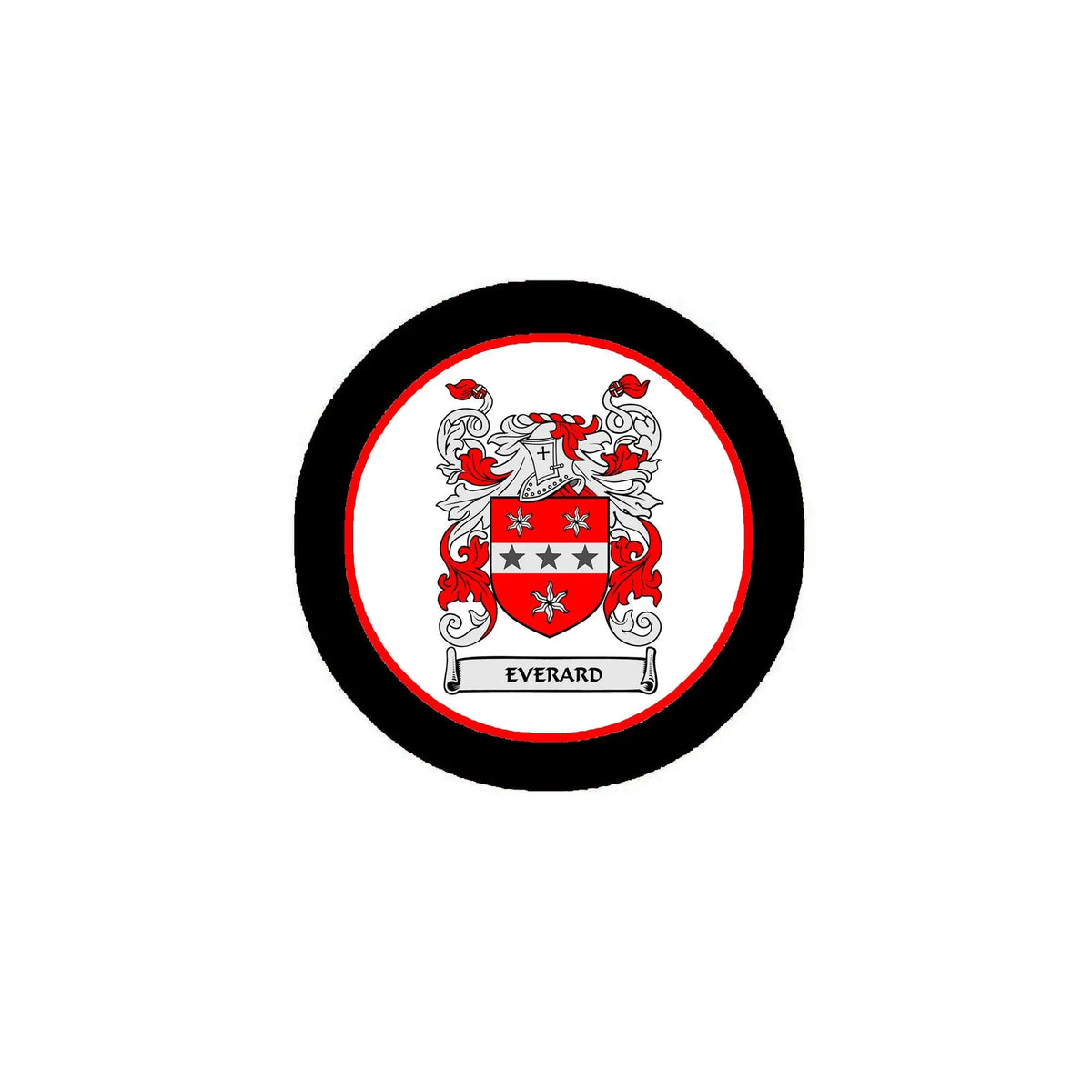 Round black border family crest arms magnet with red-and-white shield design