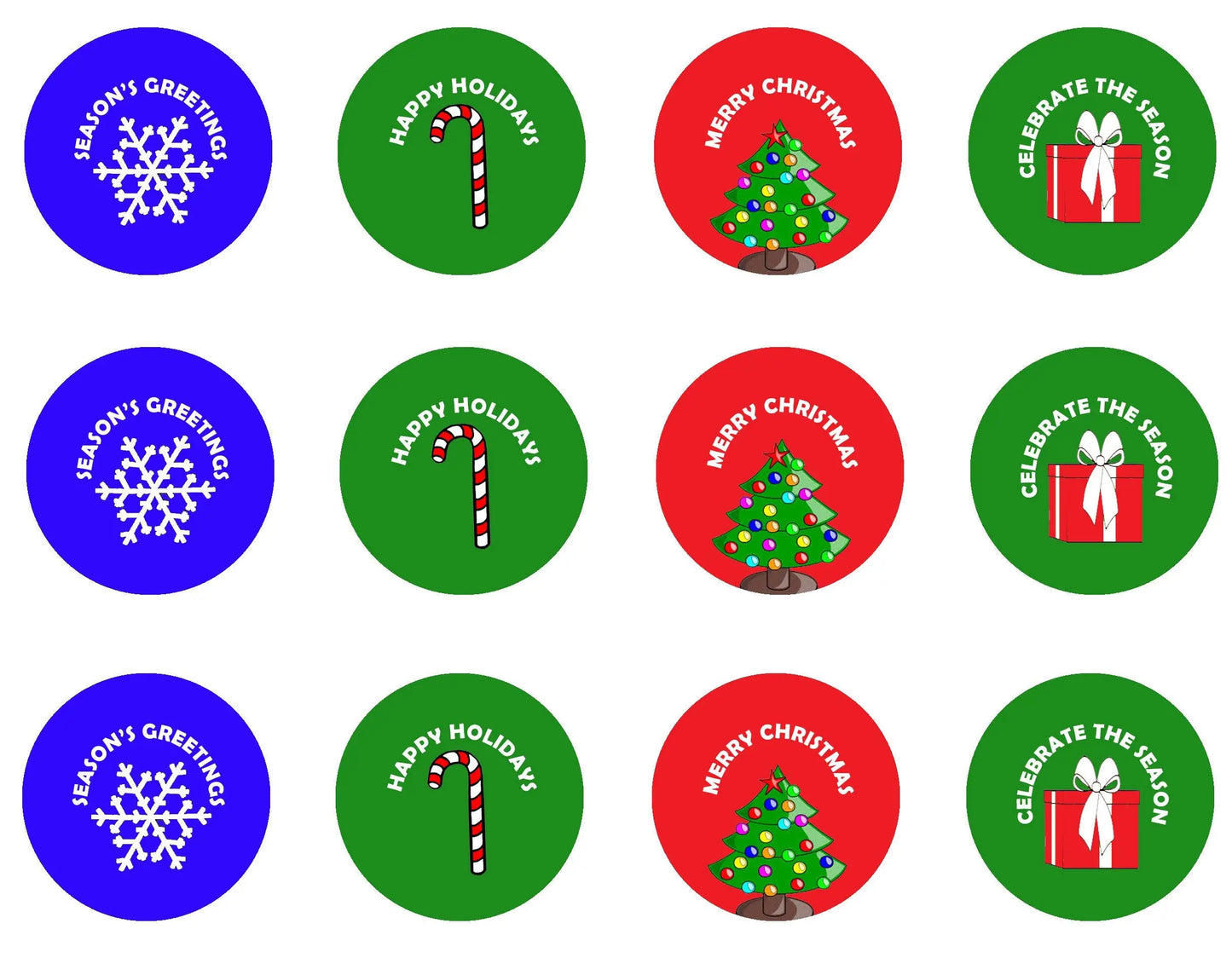 Set of 12 Christmas pinback buttons with snowflake, candy cane, tree, and gift designs