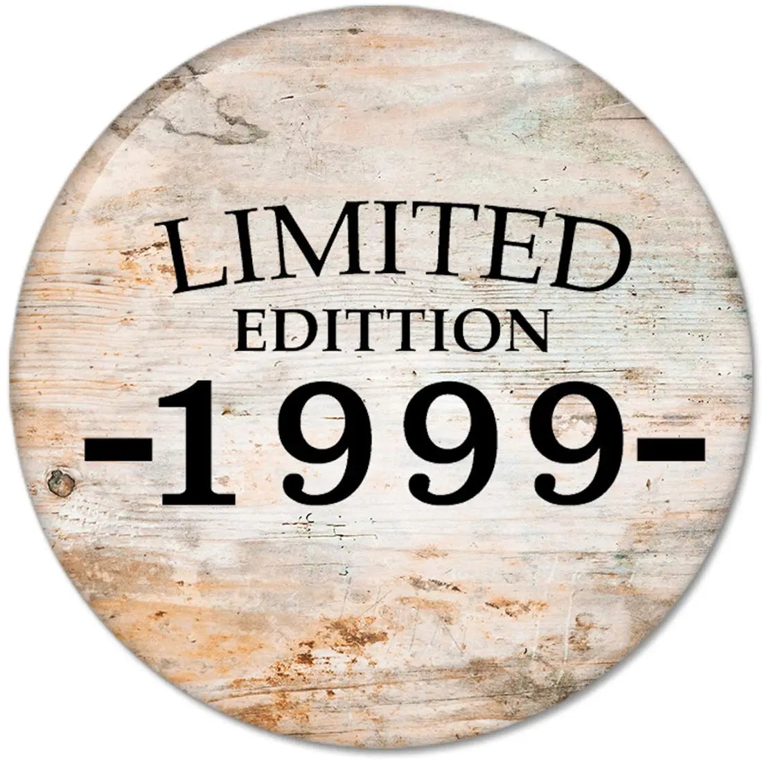 20th birthday pinback button, round beige with black text “LIMITED EDITION 1999”