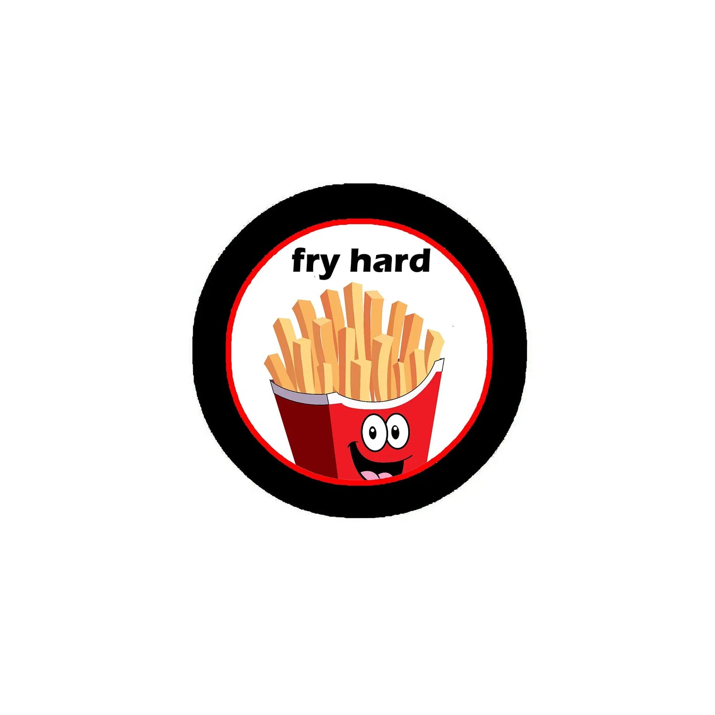 Round pinback button with 'fry hard' text, fries graphic, and red carton