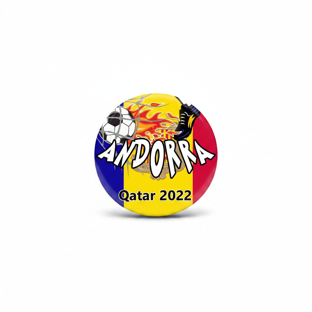 Round Andorra football pinback with colorful logo and "Qatar 2022" text