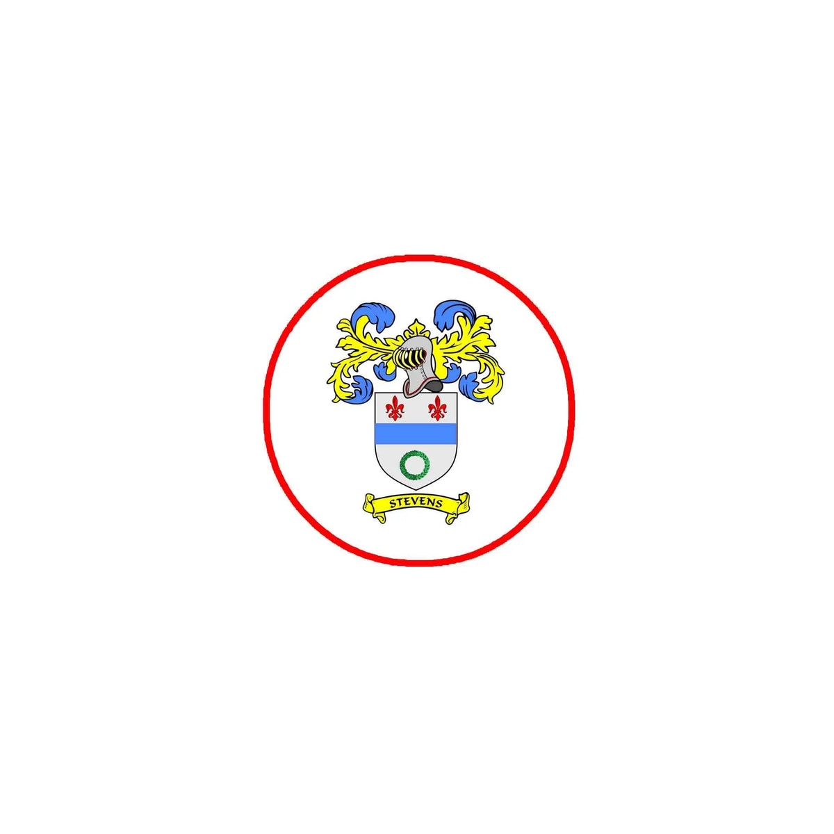 Round family crest coat-of-arms magnet with blue shield and red border ring
