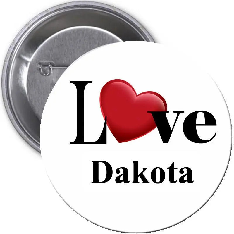 2.25-inch round pinback button with red heart and “I Love Dakota” text