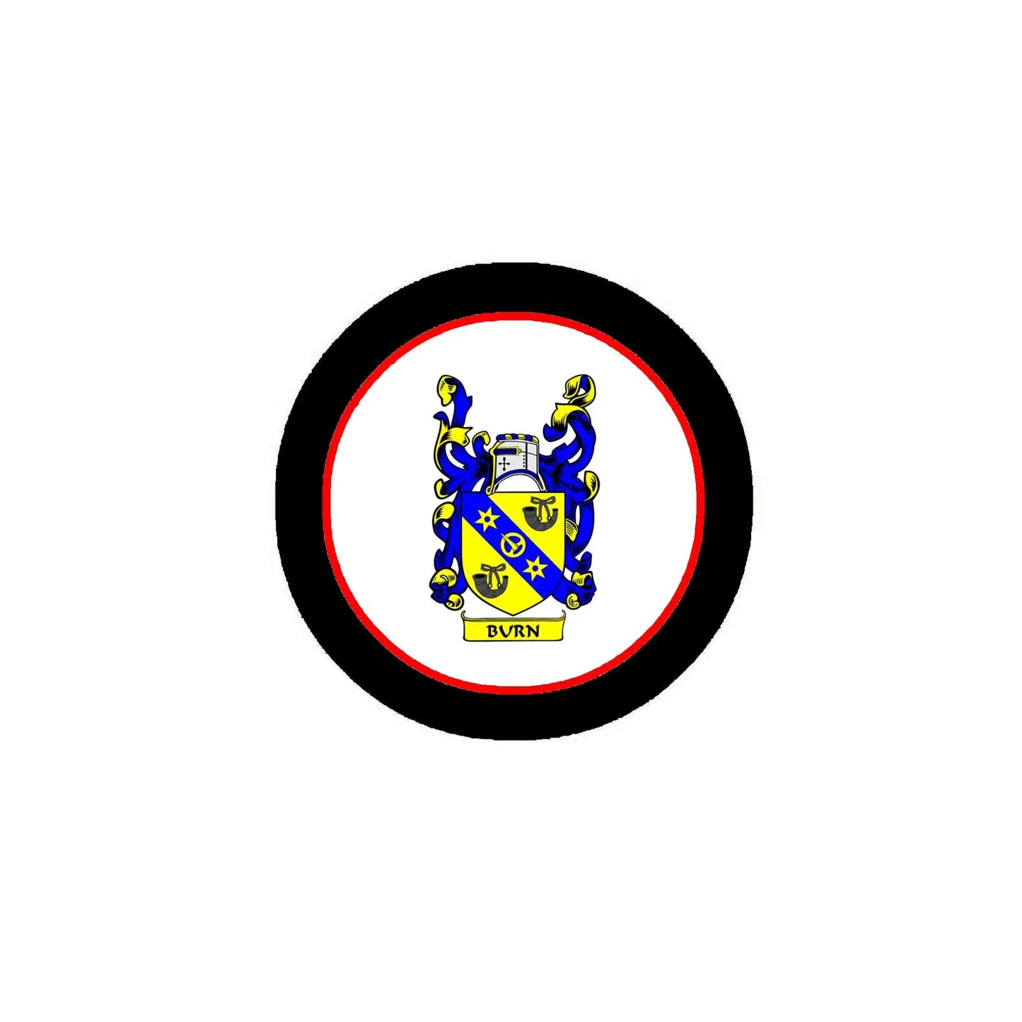 Round family crest arms refrigerator magnet with blue shield on white center, black rim
