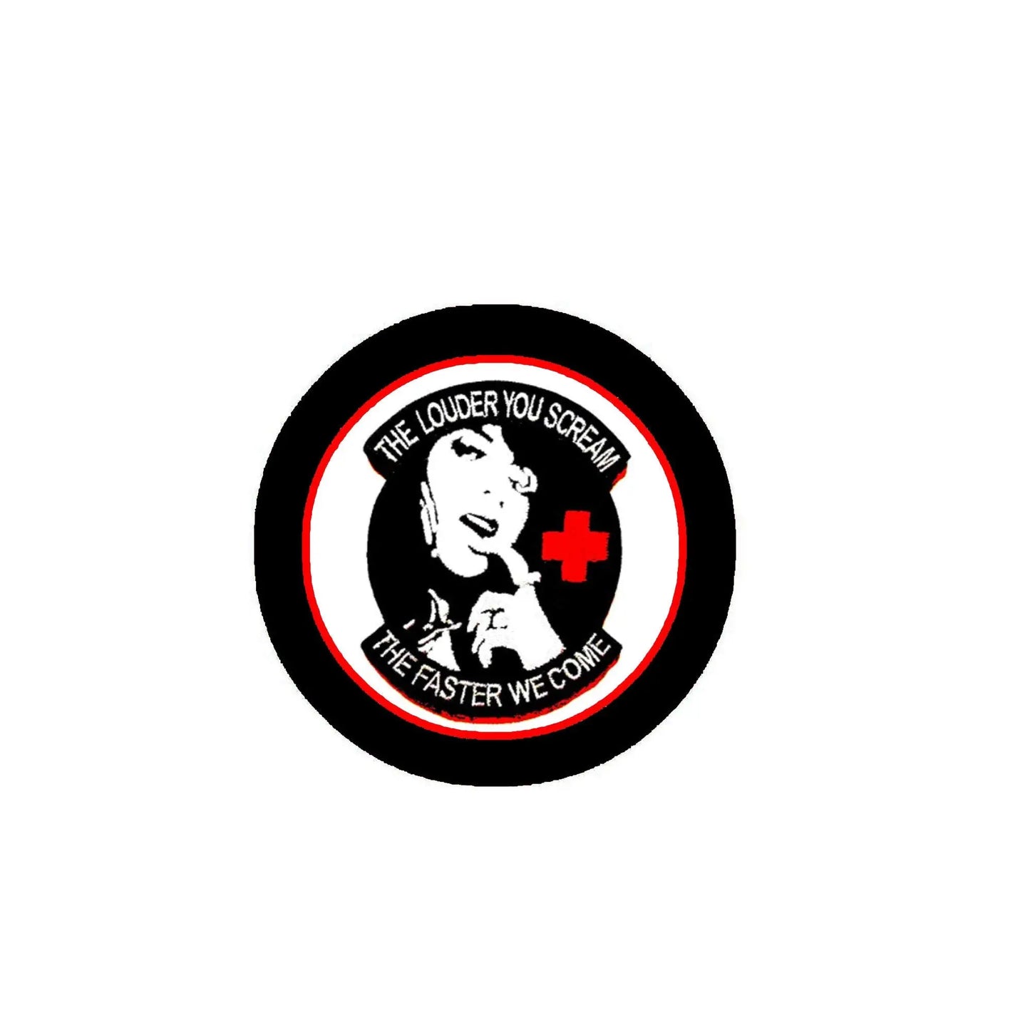 2.25-inch pinback button with black rim, red plus, and punk girl graphic