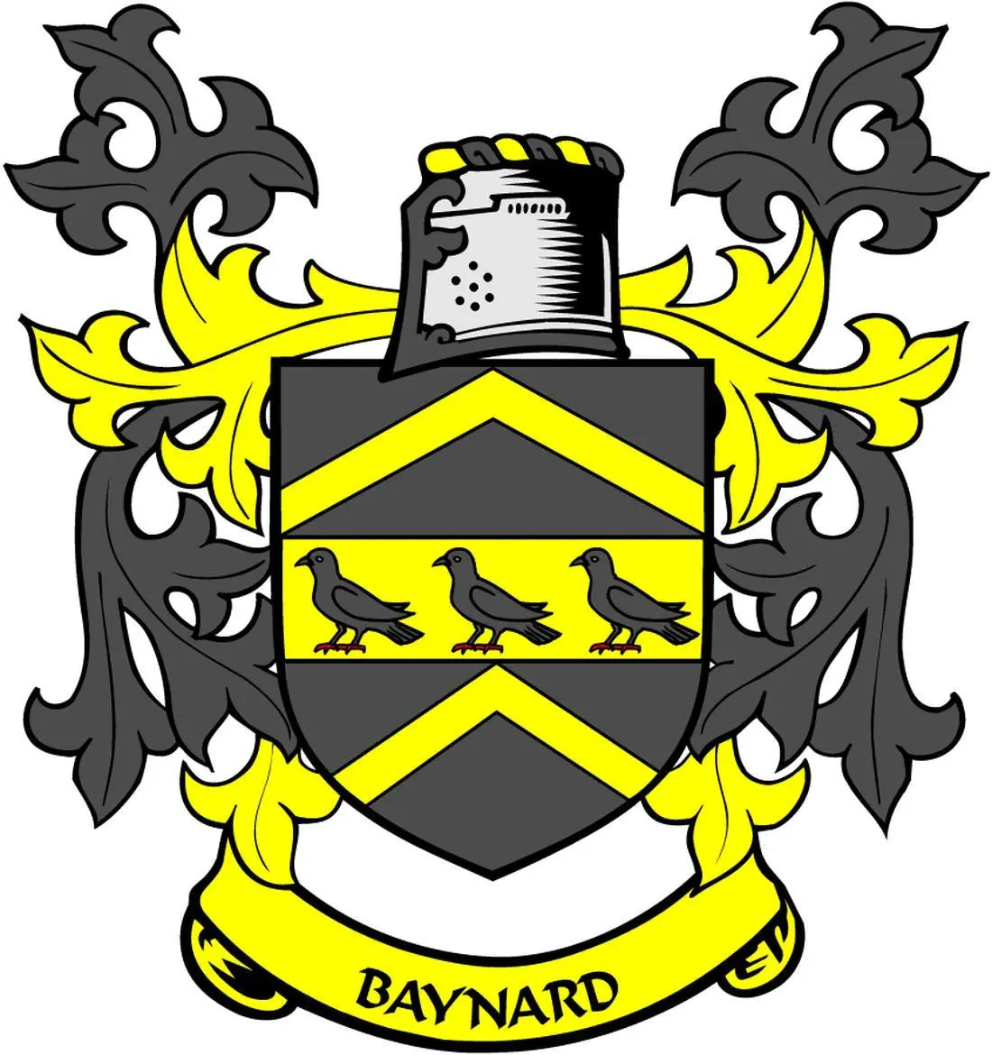 Baynard family crest arms magnet: shield with three black birds, yellow accents and BAYNARD text