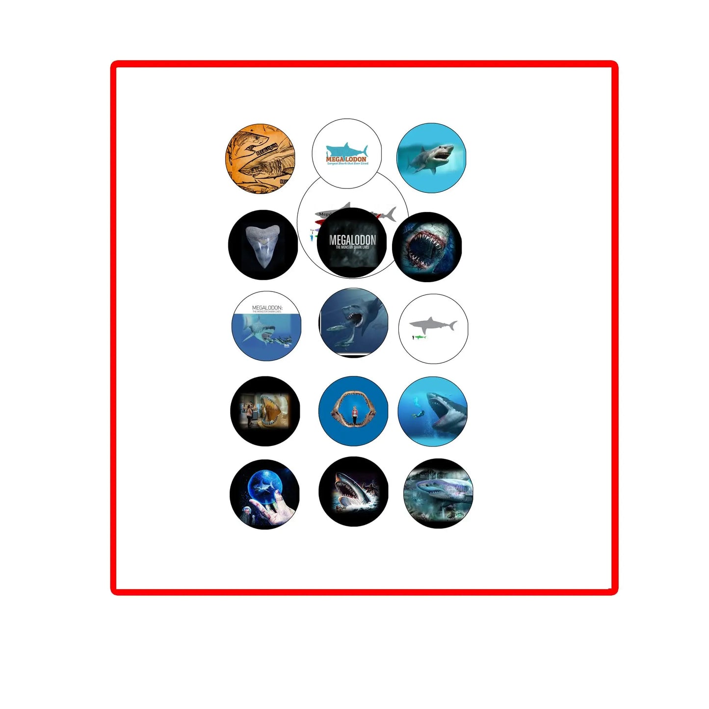 Set of 12 round megalodon-themed pin badges, enamel shark designs
