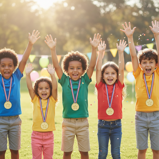 Gold plastic winner medals with star medallions on red-white-blue ribbons, worn by children