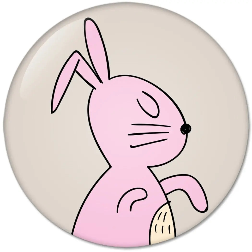Round rabbit pinback button with hand-drawn pink rabbit illustration