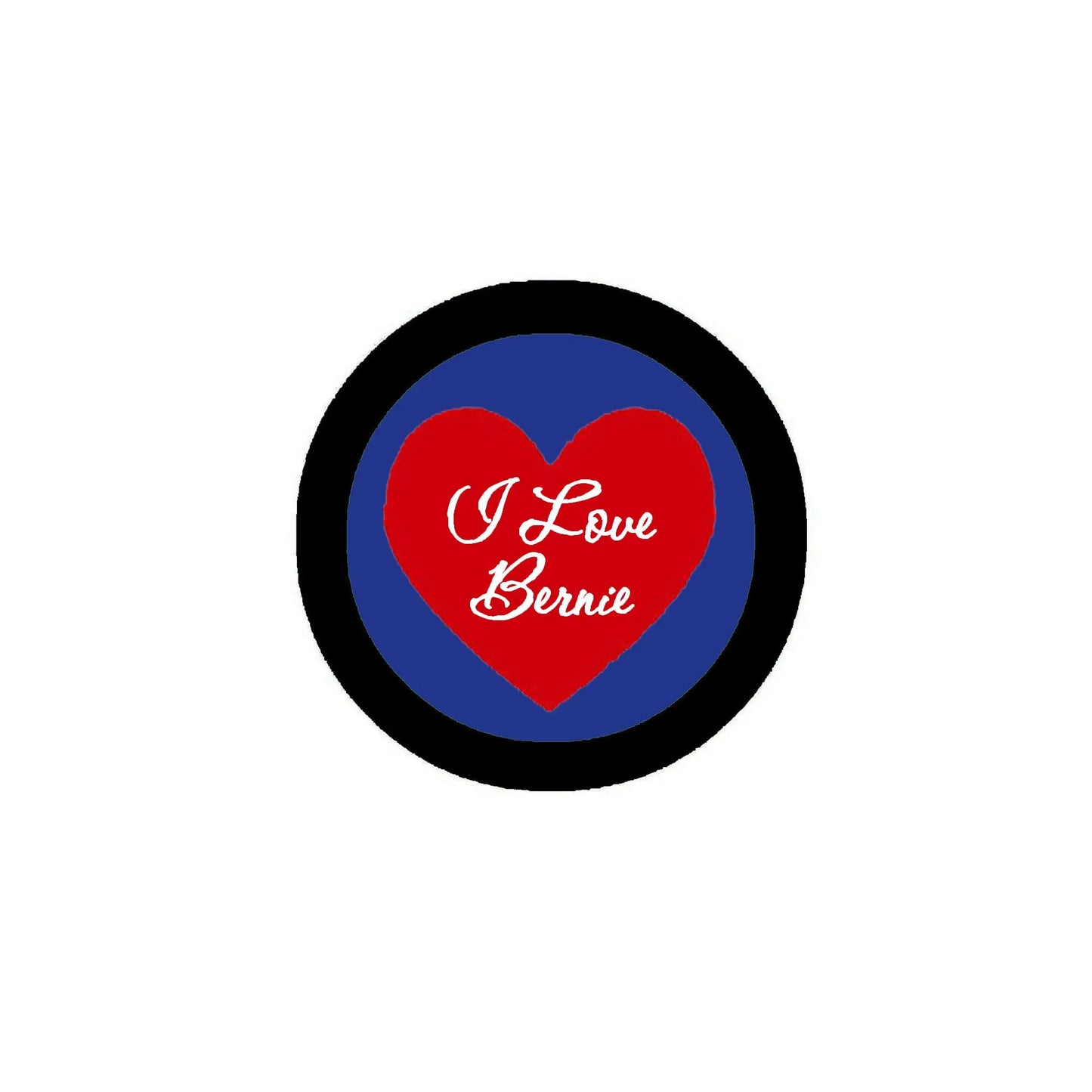 2.25-inch pinback button with black rim, blue center, red heart text "I Love Bernie"