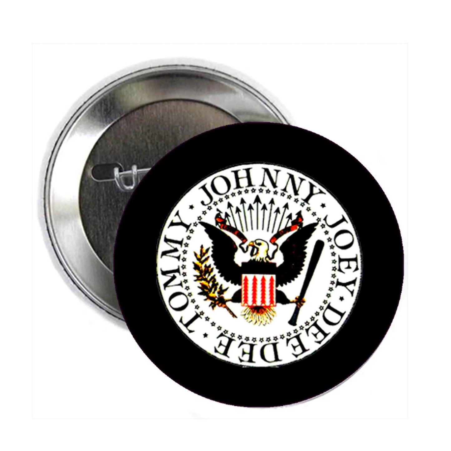 Round pinback badge with black background, eagle crest, and circular text