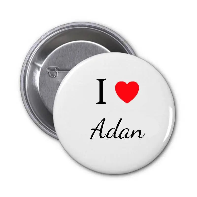 I Love Adan pinback button, white round badge with red heart and 'Adan' script