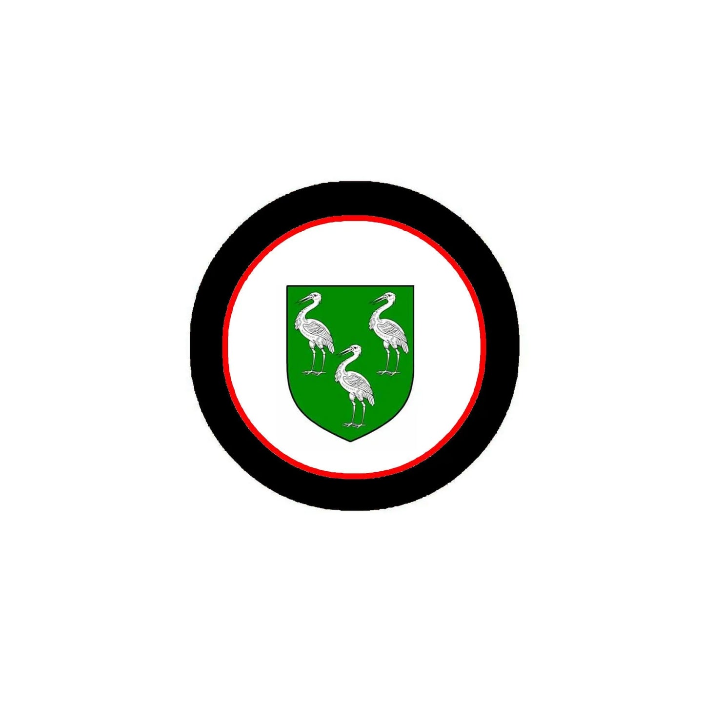 Round family crest magnet, black rim with red ring and green shield of three white birds