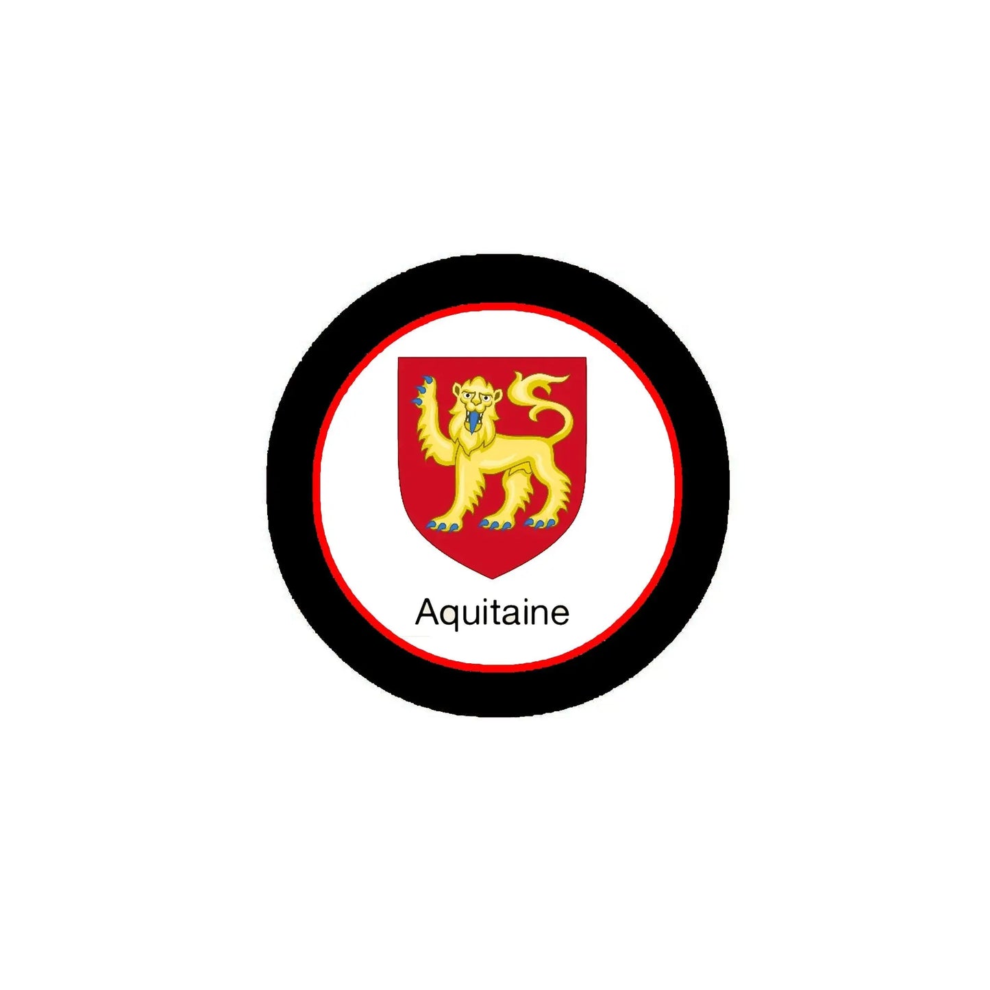 Round Aquitaine family crest magnet with red shield lion inside black ring