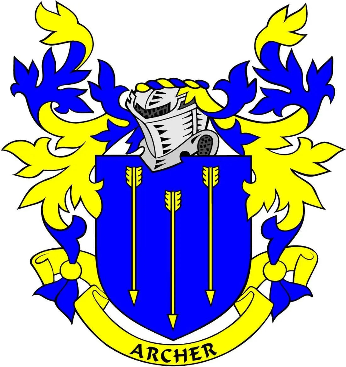 Archer family crest coat of arms magnet, 3-inch: blue shield, yellow flames, helmet, ARCHER.