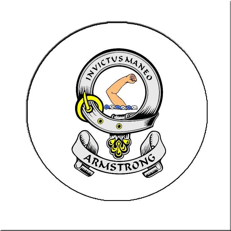 Armstrong family crest arms magnet, round helmet emblem with “ARMSTRONG” text