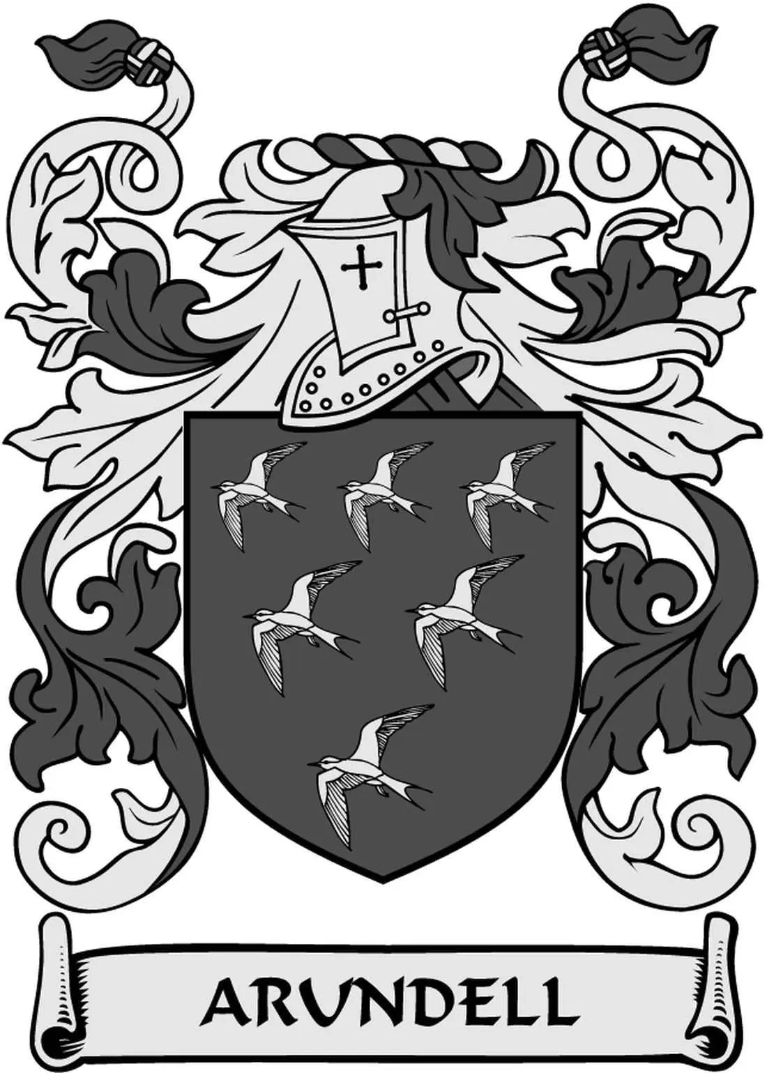 Family crest arms magnet with dark shield, birds, cross helmet, and ARUNDELL banner