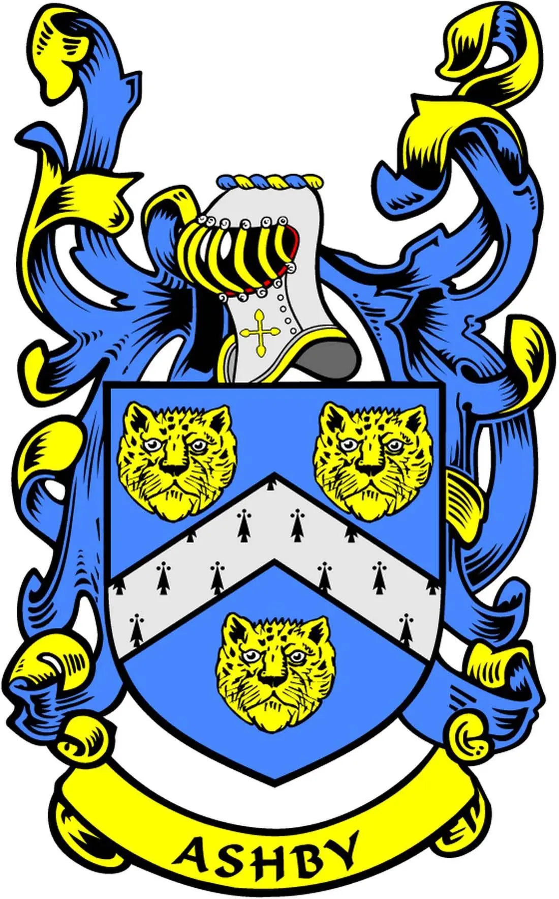 Colorful heraldic coat of arms magnet with blue shield, lions, and 'ASHBY' lettering