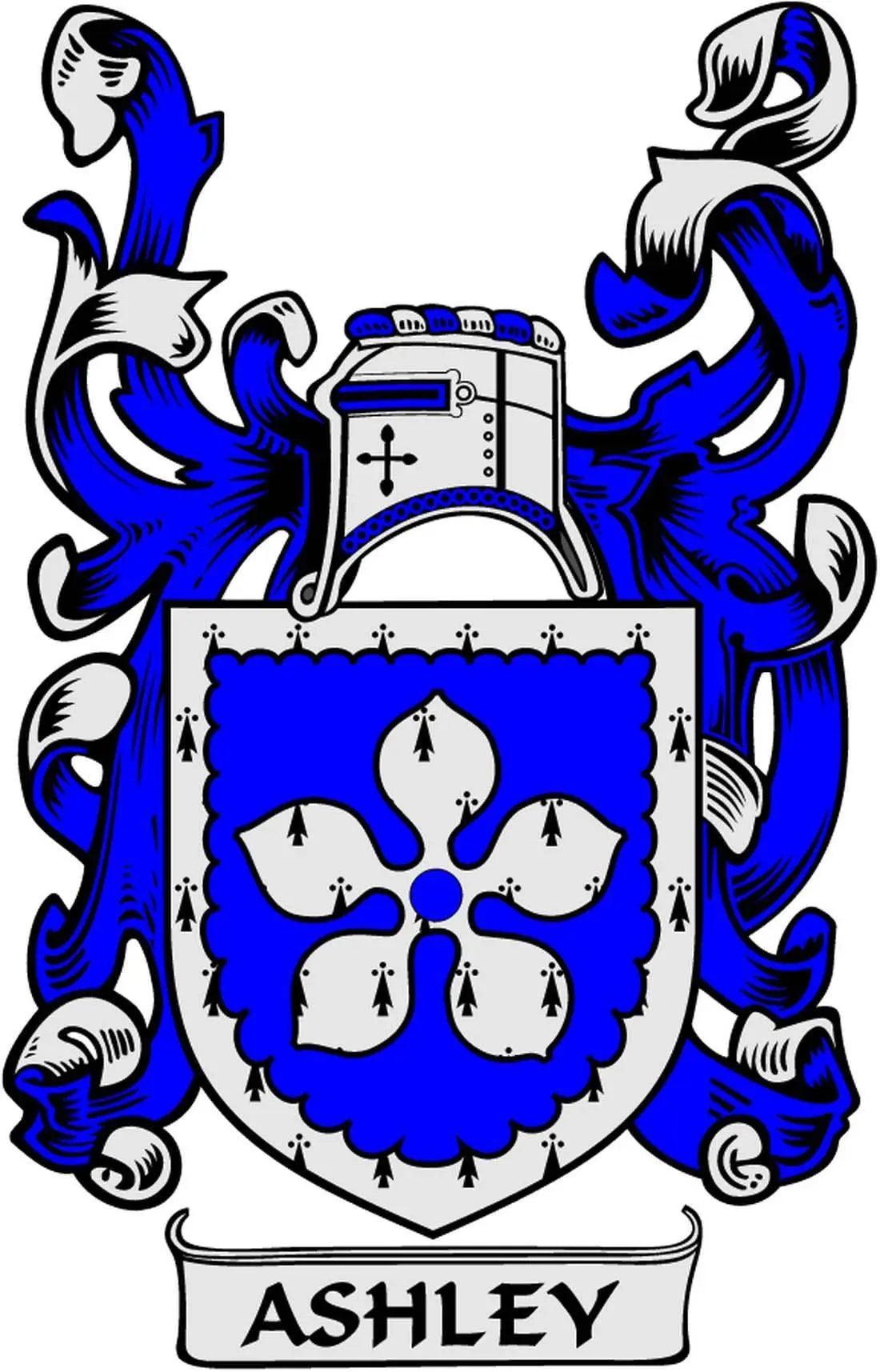 Blue and white family crest coat of arms magnet with banner reading ASHLEY