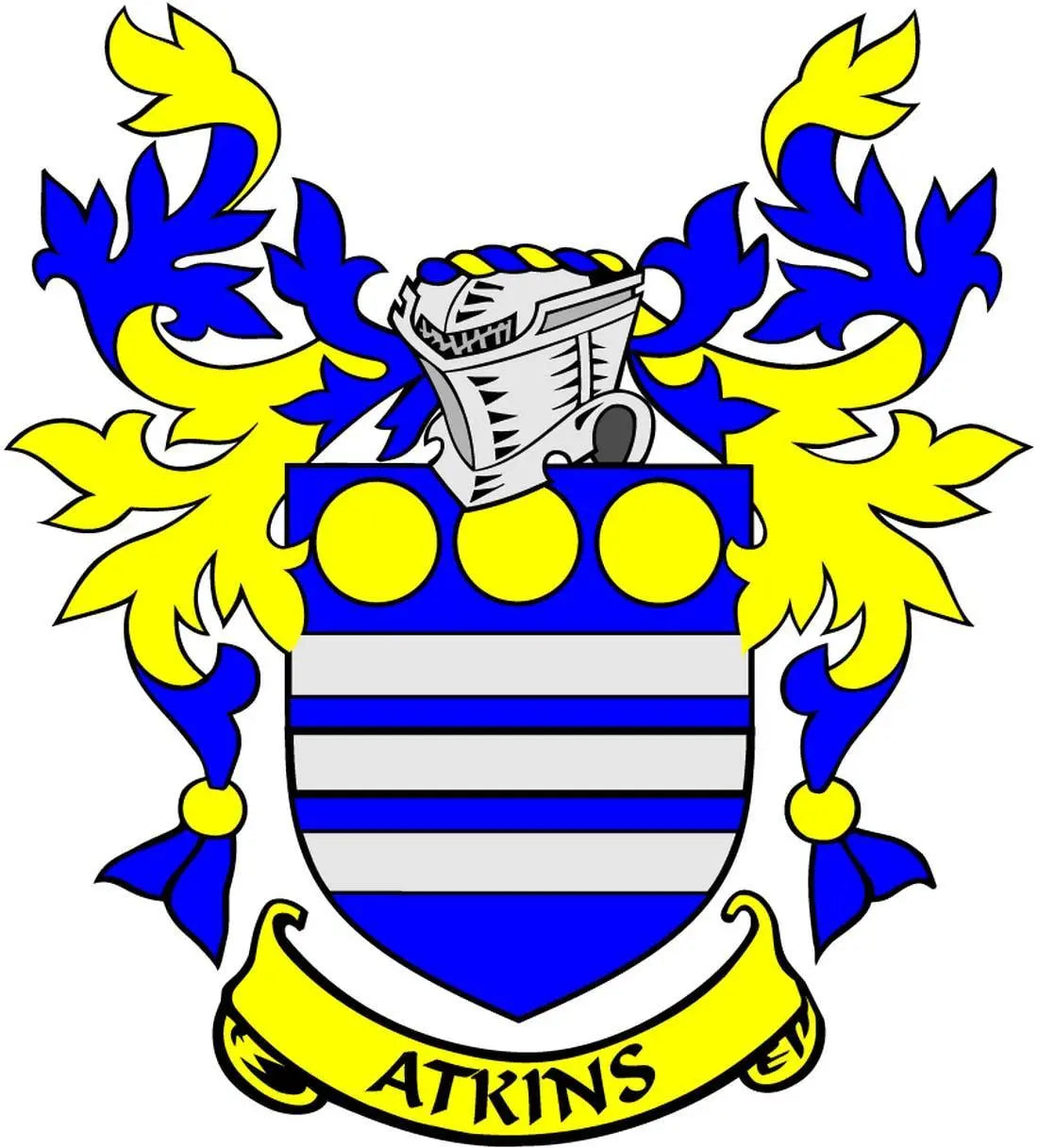 Atkins coat of arms pinback badge with blue and gold shield and ribbon banner