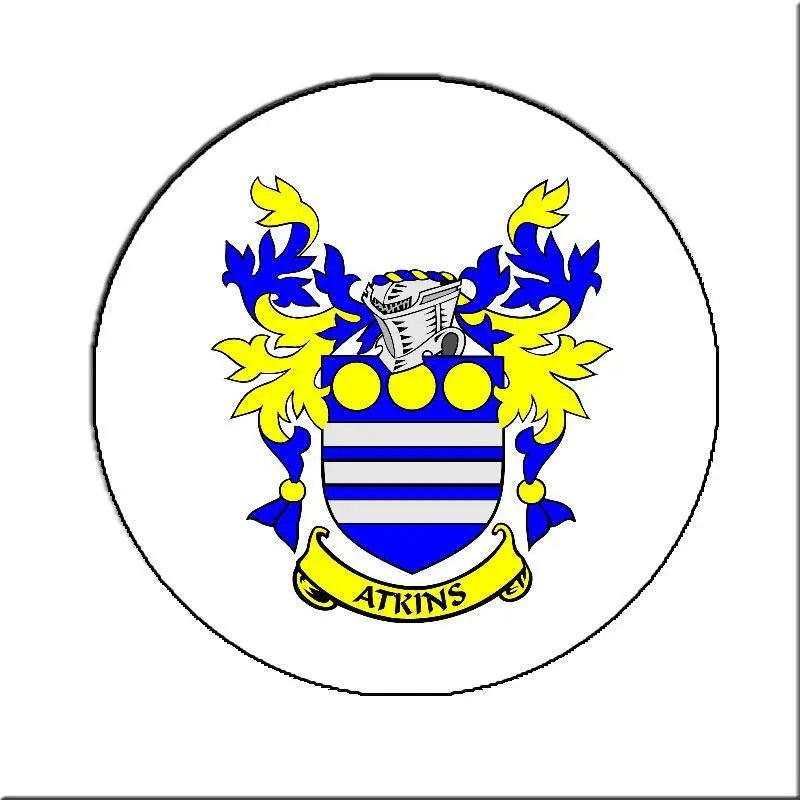 Family crest coat arms magnet with shield, blue stripes, and yellow accents, round 3-inch